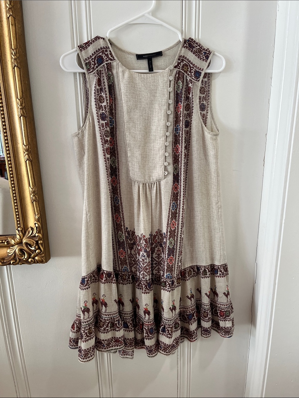 BCBGMaxAzria Cream Mini Dress with Multicolor Embroidered Trim
